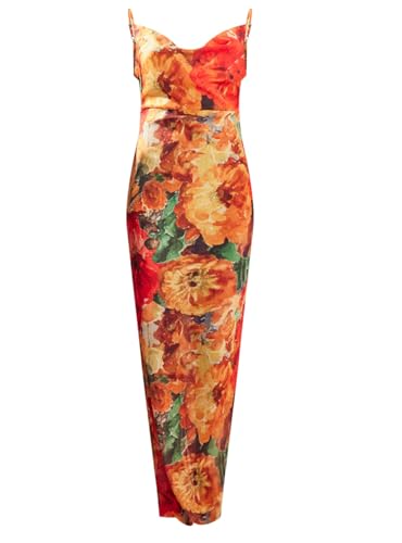 Beaufident Womens Cowl Neck Dress Floral Print Backless Maxi Dresses Wedding Guest Beach Dresses,Mango Tango,Medium