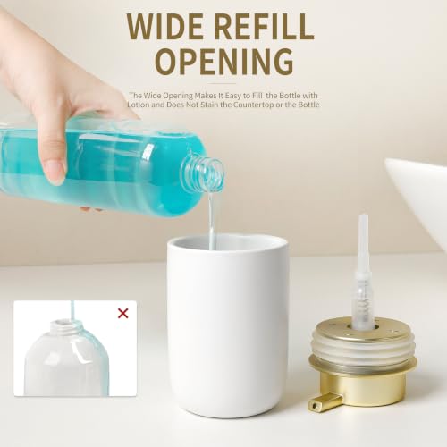 Image of BosilunLife Lotion Pump Dispenser for Bathroom, Kitchen, Countertop | Hand Soap Dispenser Bathroom Ceramic Dish Liquid Soap Dispenser (White with Gold, Liquid Pump)