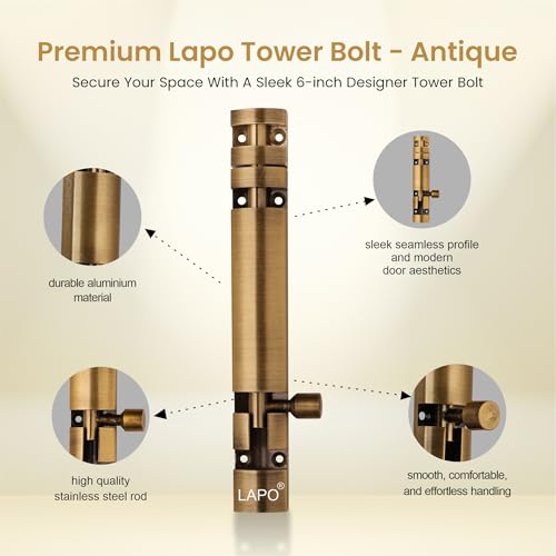 Image of LAPO 2 Pack Premium Aluminum Tower Bolt 6 Inch, Tower Bolt for Main Door and Bathroom, Kundi Door Latch for Bedroom, Chitakni, Tower Bolt for Home,Offices Doors,Windows (Antique Finish, Pack of 2)