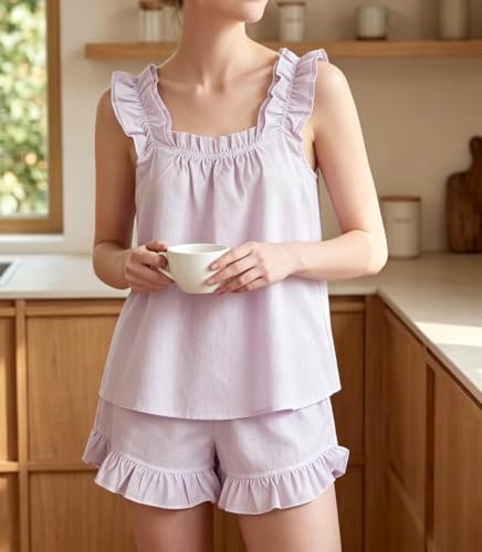 Image of Womens Summer 2 Piece Set Fashion Ruffle Trim Cami and Casual Shorts Set Cotton Pajama Sets