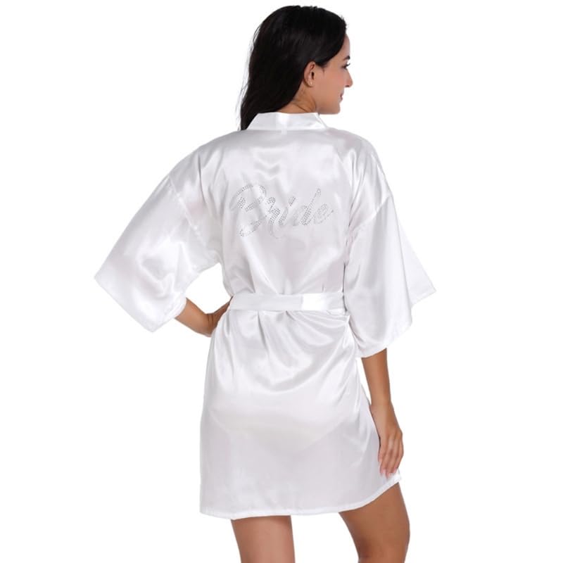 QRONCES Bata corta de satén para mujer, con diamantes de imitación plateados, para novia, dama de honor, kimono, para boda, fiesta, preparación, regalo
