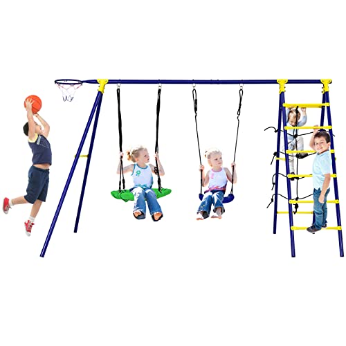 DREAMADE 5 en 1 Ensemble de Balançoire Exterieur Enfants,Portique de Balançoire en Métal avec Escalade,Panier de Basket-Ball,2 Balancoires Réglables,Structure Jeux...