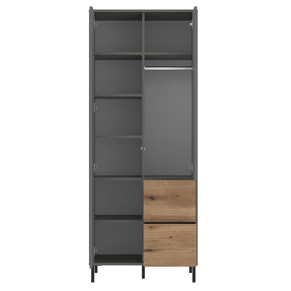 Lomadox Kinderzimmer komplett Set mit 90x200 cm Bettgestell in grau-grün mit Eiche, 5-teilig, Kleiderschrank, Schreibtisch, Wandboard, Kommode