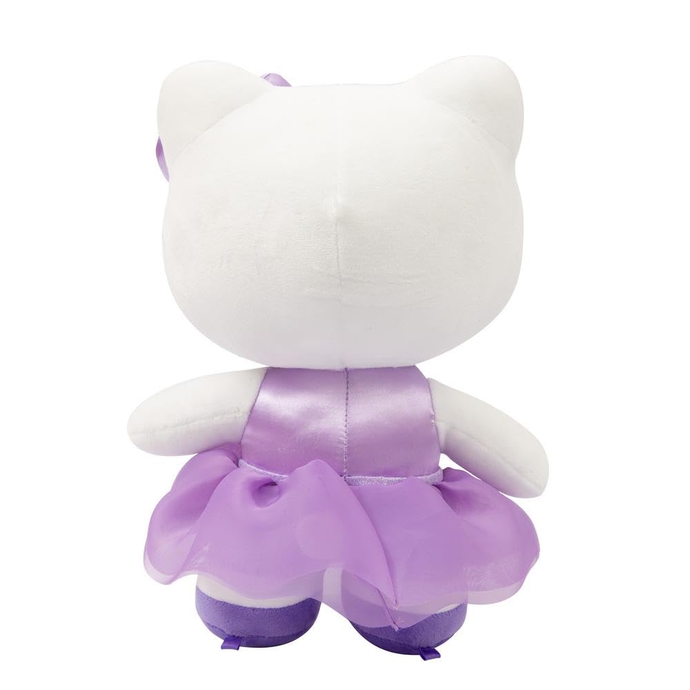 Hello Kitty Giochi Preziosi miękka pluszowa zabawka o wysokości 30 cm z modnym strojem, fioletowa satynowa sukienka i pasująca kokardka, dla dzieci od 3 lat