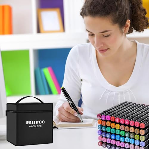 Image of 60 Colors Dual Tip Alcohol Markers Sketch Pens With Carrying Case For Painting Sketching Calligraphy Drawing, Chisel & Fine Tip Permanent Colouring Marker Pen For Kids Adult, Multicolor (60)