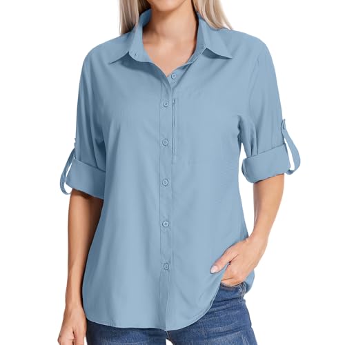 La Mejor Recopilación de Ropa de Pesca para Mujer los 5 mejores. 45 Safari - Camisas de sol para mujer, protección solar UPF 50+, protección solar UV, manga larga, secado rápido, pesca, senderismo, jardinería, z- Azul, M