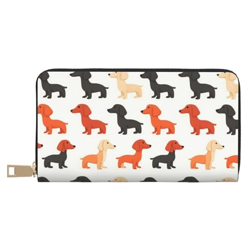Leather Thin Slim Wallets for Women & Men - Cute Dachshund Puppy Print Card Wallet Holder with Zipper