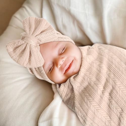 Image of AQOKKA Baby Swaddle Blankets with Bow Hat Mittens Set Wheat-Pattern Infant Receiving Blankets Swaddles for Newborns Unisex Toddler Swaddle Wrap Sets for Baby Girls Boys Nursery Warm Shower Gift