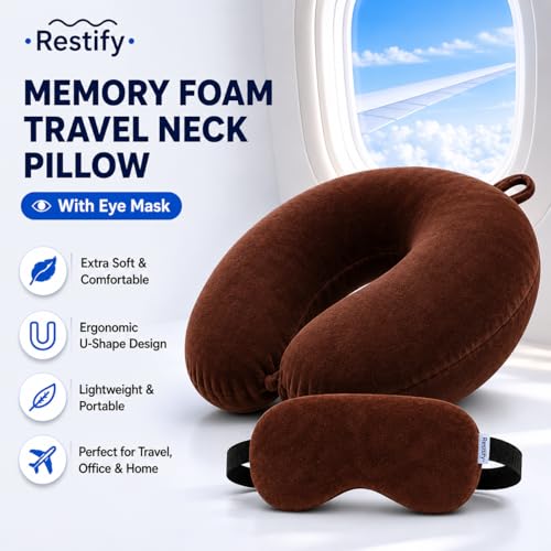 Image of Restify Premium Memory Foam Travel Neck Pillow with Eye Mask | Soft Velvet U Shape Neck Support Cushion for Flight, Airplane, Car & Office Travel | Portable Pillow for Men & Women | Brown