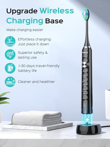 COSLUS Sonic Electric Toothbrush for Adults: 47000 VPM for Deep Cleaning & Whitening with Travel Case - 5 Modes for Sensitive Teeth & Braces, Wireless Charging, 6 Brush Heads for Family, Black (1PC)