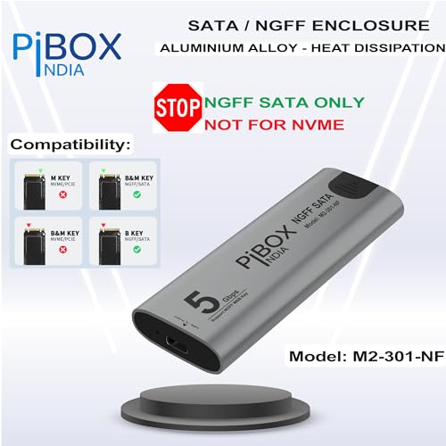 Image of pibox India NGFF M2 SATA Enclosure, M.2 Enclosure for SATA NGFF SSD Aluminum case USB 3.1 Gen 2 to B M B-Key 2280 2260 2242 2230 External Solid State Drive with UASP - REALTEK RTL9201R - Tool Free