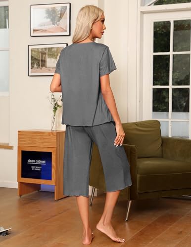 Image of Ekouaer Pajama Set for Women 2 Piece Capri Pants Short Sleeve Top Sleepwear Soft Pjs Loungewear with Pockets S-3XL