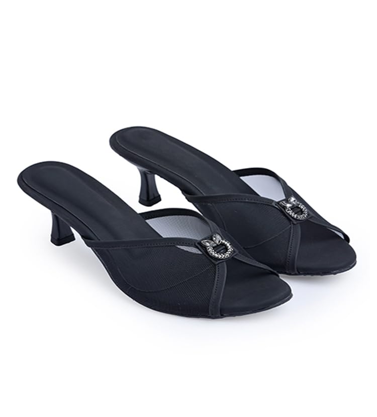 Image of Froh Feet Women's Kitten Heel Embllished Mash sandals 2 Inch Chunky Heels Mules Peep Open Toe Slip On Summer Sandal