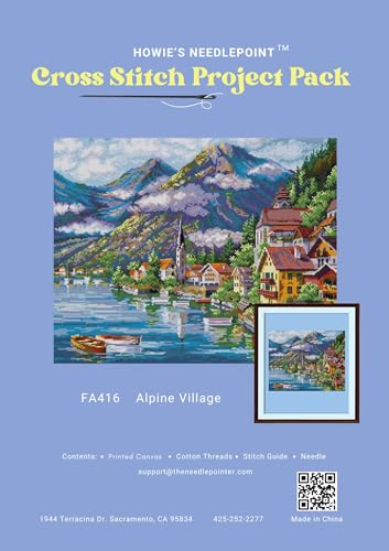 Image of Howie's Cross Stitch Kits, 14CT Pre-Printed Pattern Embroidery Set Needlework, Full Range of Stamped Starter Kits(Alpine Village, 21.26 x 17.32 inch)