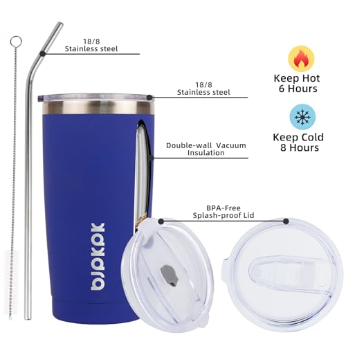 Image of BJPKPK 20 oz Coffee Tumbler with Lid, Straw, Insulated Stainless Steel Mug | Double Wall Vacuum, Keeps Hot /Cold, BPA Free, Leak Proof, Iced Coffee Cup Fit Car Holder, Travel & Beach Ready, Blue