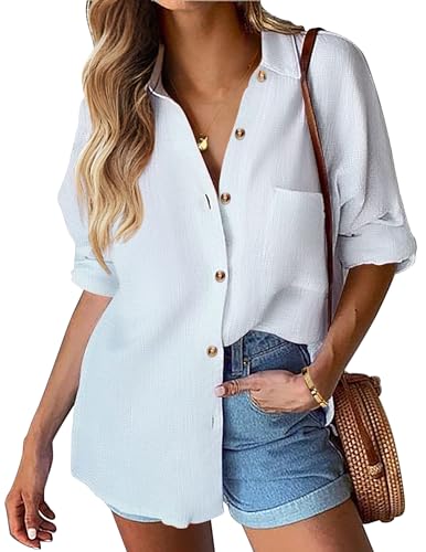 HOTOUCH Weisse Bluse Damen Langarm Hemd Baumwolle Hemdbluse Basic Shirt mit...