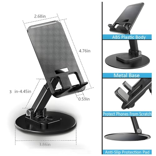 Image of WALLVIEW TECH Mobile Phone Stand 360 Rotation Height and Angle Adjustable Cell Phone Stand for Desk Office Foldable Desktop Phone Holder for Smartphone 4-10'' Tablet Holder (Black)
