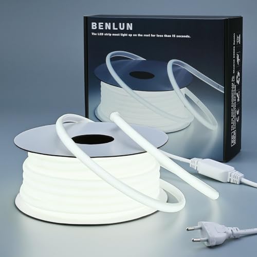 BENLUN 220V Ruban LED COB Exterieur Etanche 20M, 6000K Blanc Froid Flexible Découpable Bande LED 200W CRI 90+ Sans Transformateur, pour Chambre, Gaming, Bureau, Pergola Extérieur