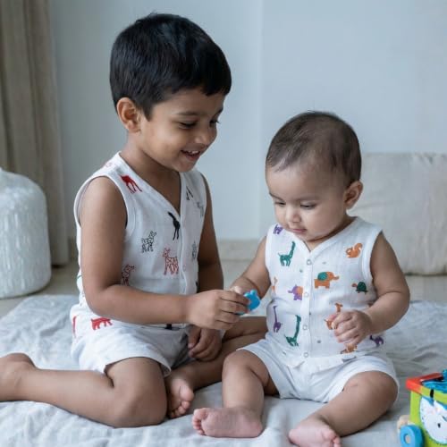 Image of The Boo Boo Club Unisex Baby Muslin Cotton Printed Sleeveless Jhabla, Soft Breathable for Summer Wear (Pack of 4)