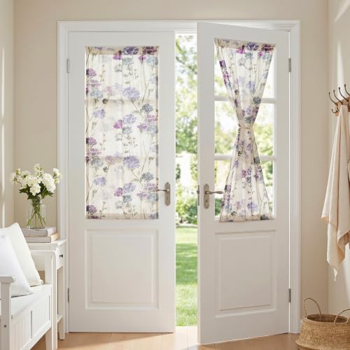 Image of MYSKY HOME Floral Linen French Door Curtains 40 inch Long 2 Panels for Front Door Light Filtering Privacy Semi Sheer Window Curtains with Rod Pocket, Purple, 24 inch W Each Panel