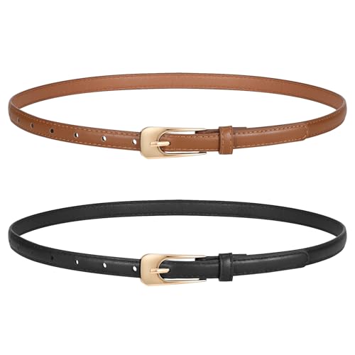 LEACOOLKEY 2 Pack Women Thin Leather Belts Ladies Skinny Waist Belt for Dresses Jeans 0.55