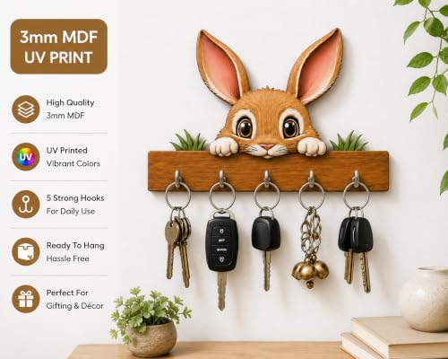 Image of placid & co. Cute Bunny Wooden Key Holder for Wall Hanging | Decorative Rabbit Key Hanger with Hooks | Key Stand for Home Entrance | Wall Mounted Key Organizer | Home Decor Gift