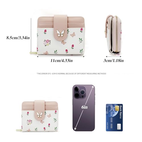 Wallet for Women, Compact PU Leather Wallet Cute Butterfly Snap Card Holder with Front Pocket and Zipper Pocket (Pink)2