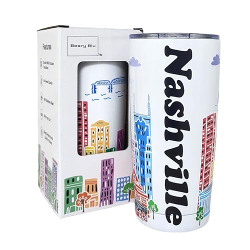 City Themed Artwork Tumbler Collection – Designed in the USA – 20oz Vacuum Insulated Tumbler with Lids – Stainless Steel Coffee Travel Mug with, Cup for Hot Cold Drinks (Nashville)