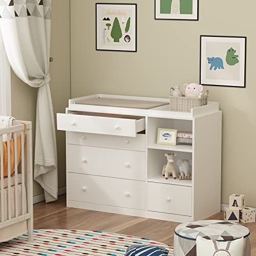 ECACAD-Modern-Nursery-Dresser-Chest-with-5-Drawers-2-Open-Shelves-Guard-Table-Top-472W-Wood-Dresser-Storage-Chest-of-Drawers-for-Bedroom-White ECACAD Modern Nursery Dresser Chest with 5 Drawers 2 Open Shelves Guard Table Top 472W Wood Dresser Storage Chest of Drawers for Bedroom White