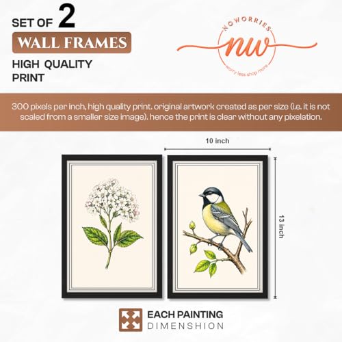 Image of NoWorries Botanical & Bird Wall Art Set of 2 Framed Wall Decor for Living Room Bedroom Office | Vintage Floral Bird Painting Wooden Frame Modern Home Decoration (Art-4, 10x13inch)
