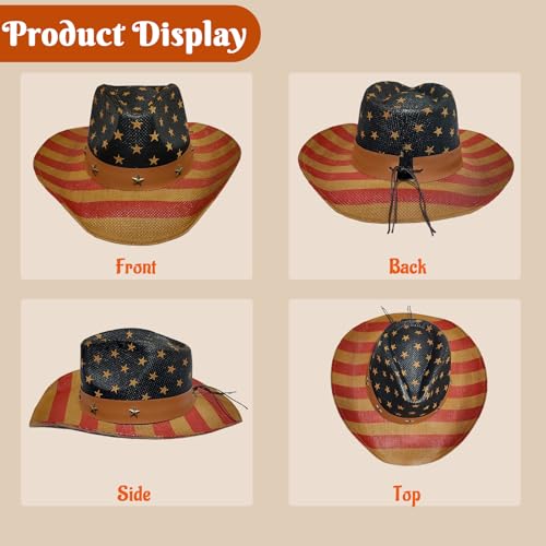 Image of Evankin American Flag Hat, USA Western Cowboy Hat on July 4th | American Flag Hat, 4th of July Patriotic Hat,USA Western Cowboy Hat, Straw Weaving Star,Summer Sunhat for Men and Women