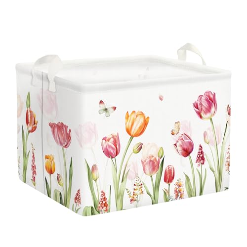 Clastyle Large Tulip Easter Baby Gift Basket Spring Garden Plant Butterfly Flower Girl Basket Rectangle Towel Clothes Book Toy Storage Bin