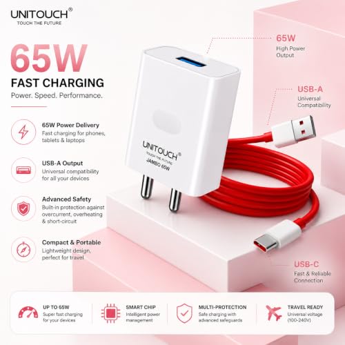 Image of 65W Super Fast Charger with USB-A to USB-C Cable | Fast Charging Adapter Compatible with OnePlus, Oppo, Realme, Vivo, Xiaomi, Samsung, Motorola & Android Smartphones | White