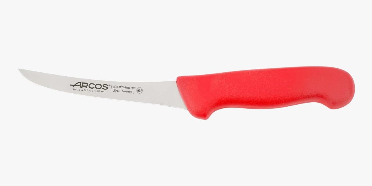 Arcos Cuchillo Deshuesador Curvo Semiflexible - Hoja Acero Inoxidable NITRUM 140 mm - Mango Polipropileno Rojo - Ideal para Desprender Huesos de Carne - Serie 2900