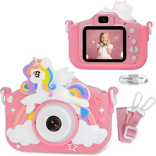 Image of Kids Digital Camera with Selfie Mode for Girls Boys, Unicorn Camera with 1080P Video Recording, 2 Inch Screen, 8X Zoom, Filters, Games & Music Player, Rechargeable Gift Toy for Kids Pink