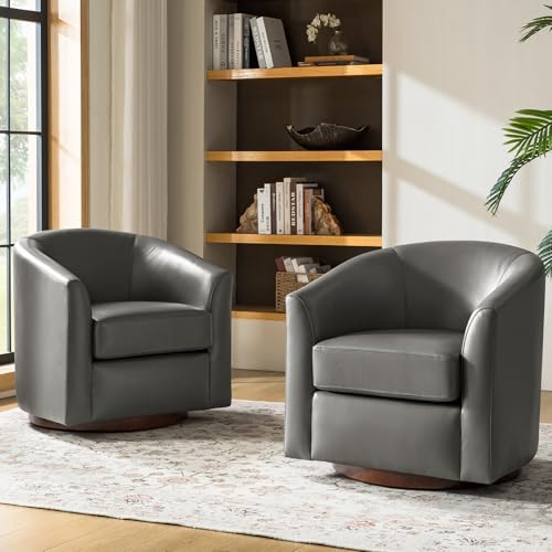 Image of HULALA HOME Genuine Leather Swivel Barrel Chairs Set of 2, Round Swivel Accent Chairs with Solid Wood Base, Leather Barrel Accent Chair for Living Room, No Assembly Required, Grey