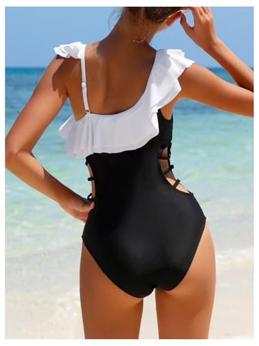 OYOANGLE Girl's Color Block One Piece Swimsuit Cute Cut Out Ruffle Trim Beach Bathing Suits Swimwear3