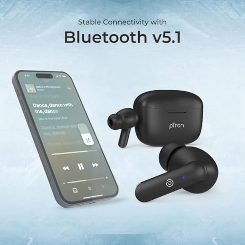 Image of pTron Basspods P81 in-Ear Wireless Earbuds, Pristine Sound, 32Hrs Playtime, Clear Calls TWS Earbuds, Bluetooth V5.1 Headphone, Type-C Fast Charging, Voice Assist & IPX4 Water Resistant (Black)