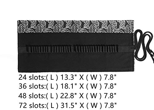 Image of Denifiter 24 Slots Colored Pencils Roll Bag, Pen Paint Brush Storage Pouch Portable for Artist, Women, Men (Black Leaf)