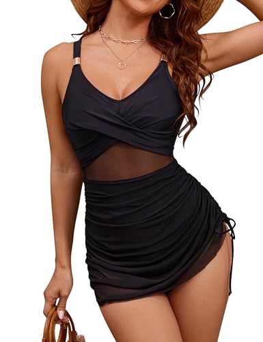 Women's One Piece Swimsuit Tummy Control Bathing Suit Metal Modest Swim Dress Push Up Mesh Swim Suits 2025