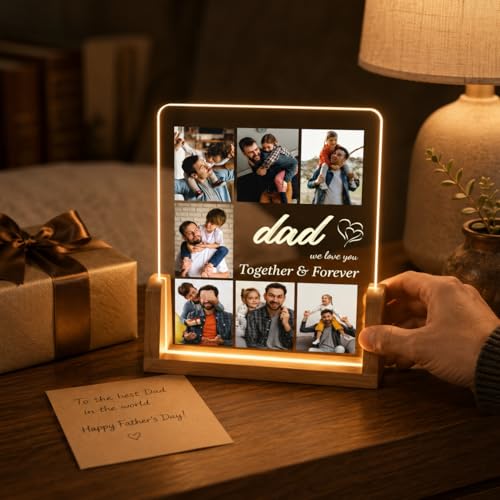Image of Giftplease Personalized Rectangular Acrylic Wood Photo Frame | Warm LED Light Base Custom 7 Picture Collage Night Decor for Father Papa Husband | Fathers Day Best Dad Birthday Tabletop