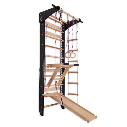 Escalera Sueca con Barras Paralelas para Niños y Adultos – Muro de Escalada de Madera, Equipo de Entrenamiento Multifuncional con Anillas, Tobogán, Columpio, Cuerda para Trepar y Escalera de Cuerda