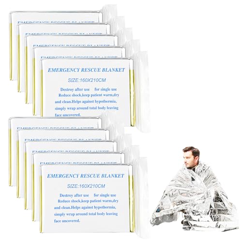 Traxenta 10 Pezzi Coperta Termica Emergenza, Montagna Escursioni Telo Termico, Rescue Blanket Telo di Sopravvivenza per Salvataggio Protegge da Freddo, Pioggia, Calore e Vento, All'aperto 160x210cm