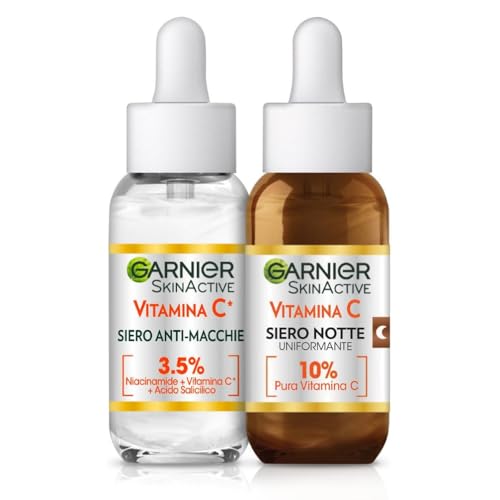 Contenuto: 1x Siero Vitamina C Anti-Macchie, Con Vitamina Niacinamide e Acido Salicilico, 30 ml + 1x Siero Notte Vitamina C Uniformante, Con 10% di Vitamina C Pura e Acido Ialuronico, 30 ml
