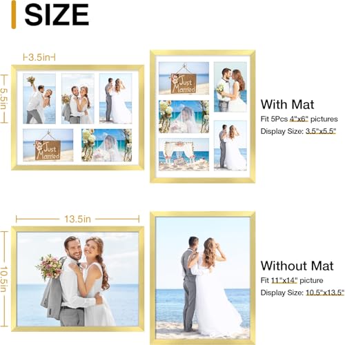 decorUhome 11x14 Picture Frames Collage Wall Decor, Display 5Pcs 4x6 Photos with Mat or 1Pcs 11x14 Unmatted, 5 4x6 Collage Picture Frames for Wall Mounting, Gold