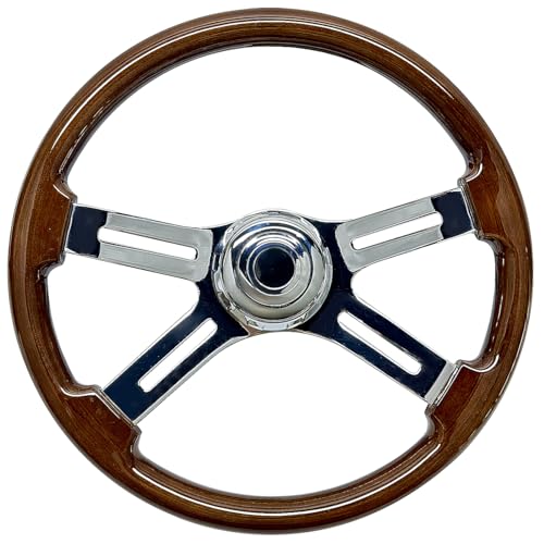 18 in Solid Wood Truck Steering Wheel 4 Spoke Aluminum Chrome Plated Steering Wheel 3 bolts for Semi Trailers,Trucks for Kenworth,Peterbilt,Volvo, Freightliner