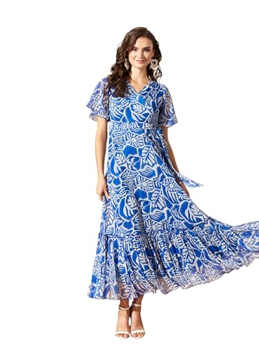 Image of Miss Chase Women's Floral V-Neck Flutter Sleeve Wrap Chiffon Maxi Dress