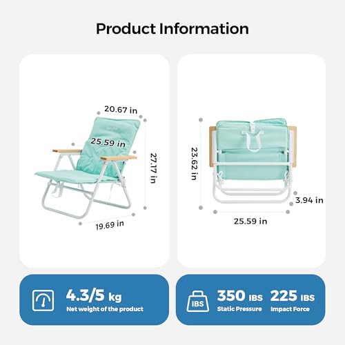 SUNNYFEEL Silla de Playa Plegable con Reposabrazos de Madera y Cojín, Silla Ligera para Camping, Jardín y Exterior, Verde Menta miniatura 2