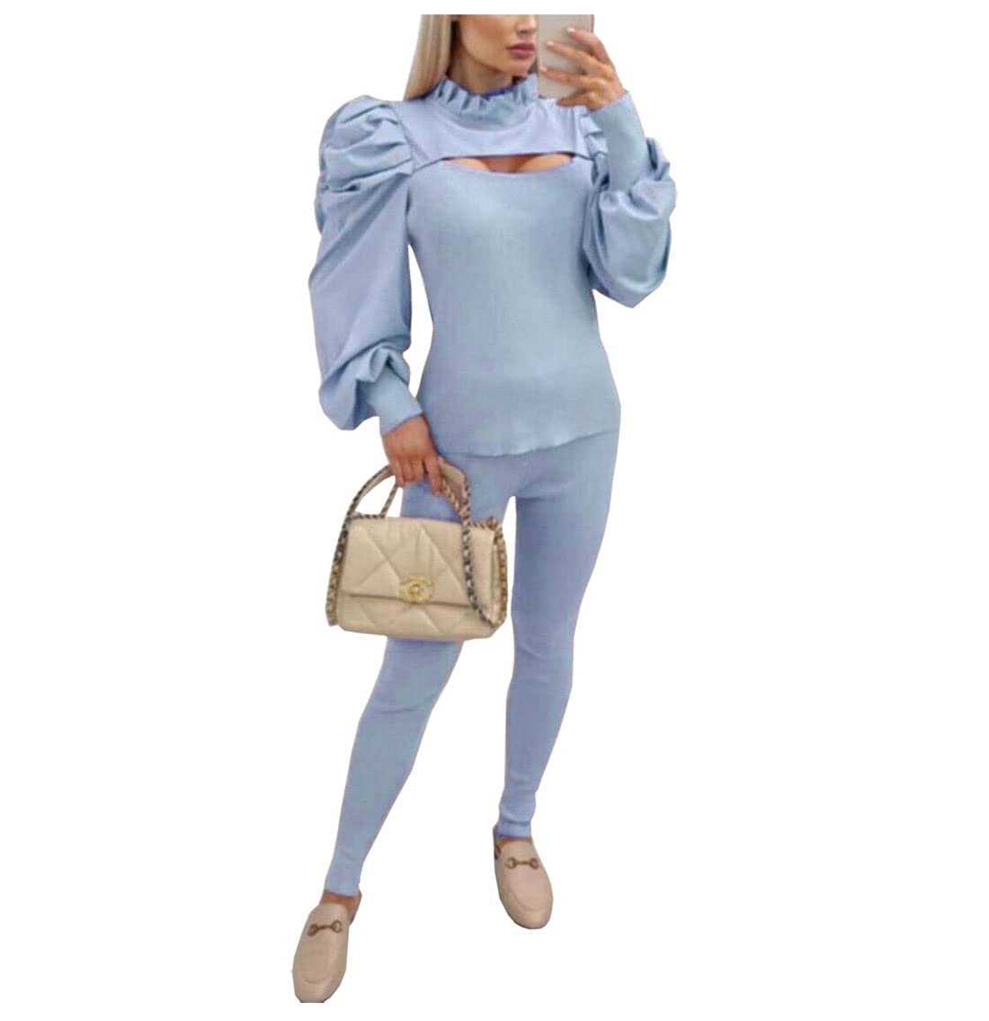 Damski dres z falbanką z wycięciami z przodu damski strój wypoczynkowy do joggingu Co ord komplet garnituru, Sky Blue, 38