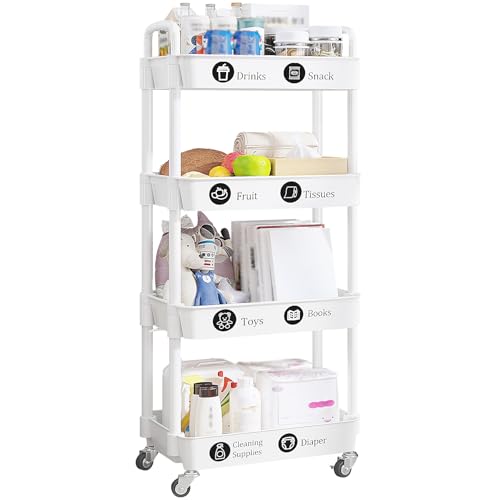 Image of UDEAR 4-Tier Rolling Utility Cart with 12 Category Labels,Multifunctional Storage Shelves with Handle and Lockable Wheels for Room,Office,Kitchen,Bathroom,White